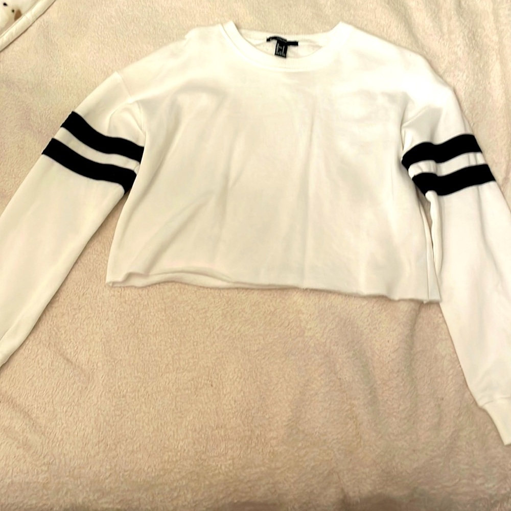White crop top with black stripes along biceps. Small forever 21.